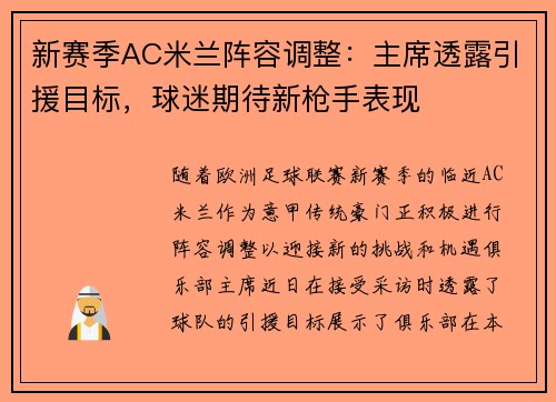 新赛季AC米兰阵容调整：主席透露引援目标，球迷期待新枪手表现