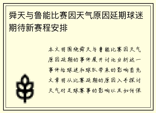 舜天与鲁能比赛因天气原因延期球迷期待新赛程安排
