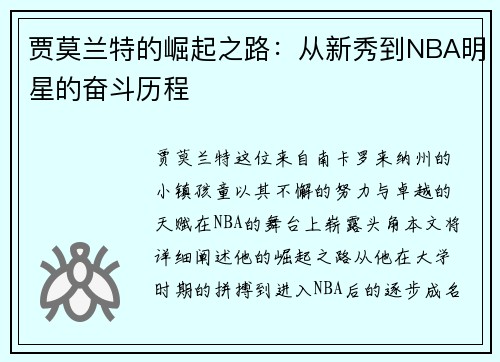 贾莫兰特的崛起之路：从新秀到NBA明星的奋斗历程