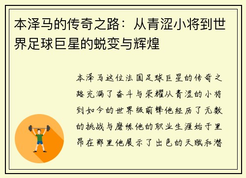 本泽马的传奇之路：从青涩小将到世界足球巨星的蜕变与辉煌