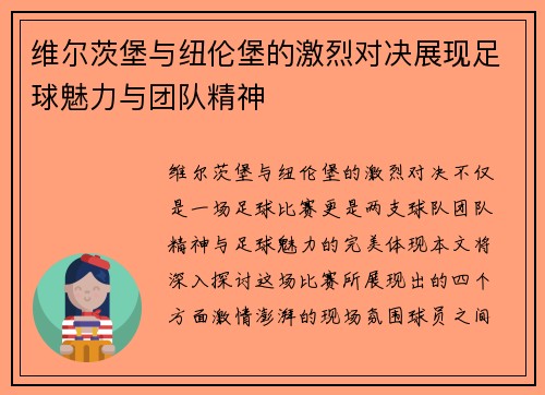 维尔茨堡与纽伦堡的激烈对决展现足球魅力与团队精神