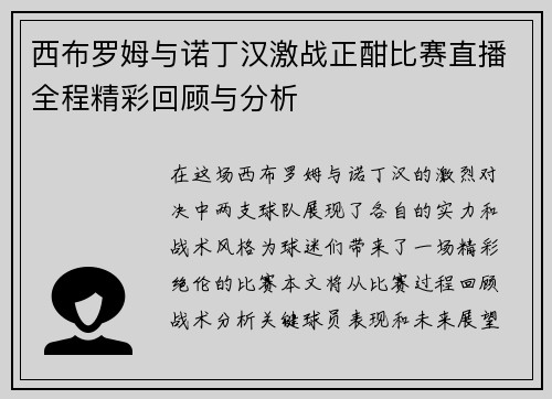 西布罗姆与诺丁汉激战正酣比赛直播全程精彩回顾与分析