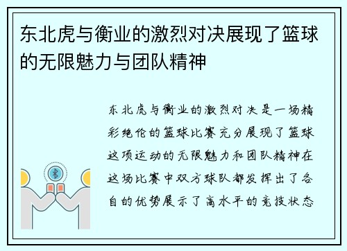 东北虎与衡业的激烈对决展现了篮球的无限魅力与团队精神