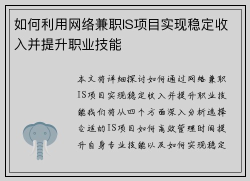 如何利用网络兼职IS项目实现稳定收入并提升职业技能