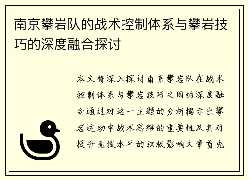 南京攀岩队的战术控制体系与攀岩技巧的深度融合探讨