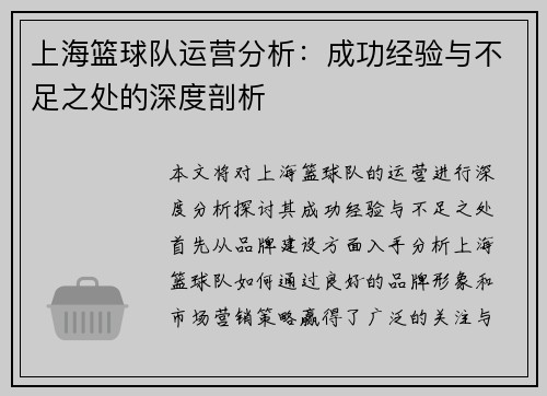 上海篮球队运营分析：成功经验与不足之处的深度剖析