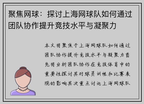 聚焦网球：探讨上海网球队如何通过团队协作提升竞技水平与凝聚力